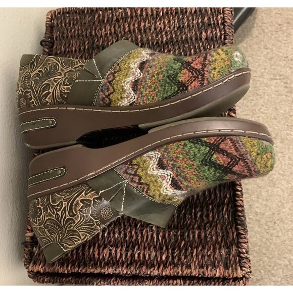 L'Artiste Zagabank Clog Size 9 Olive Multi Leather & Woven Textile Slip On Boho - Picture 6 of 9